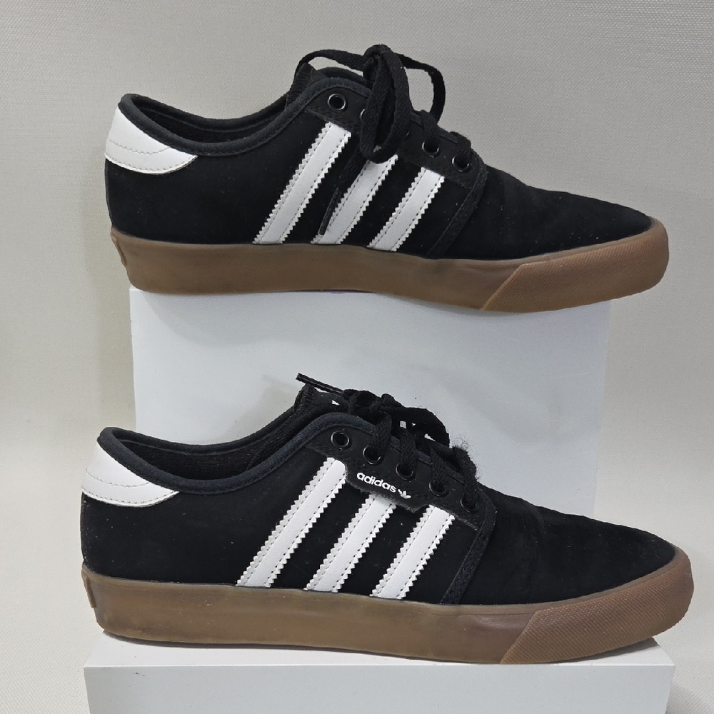 Adidas Men's Black and White Sneakers with Brown Sole